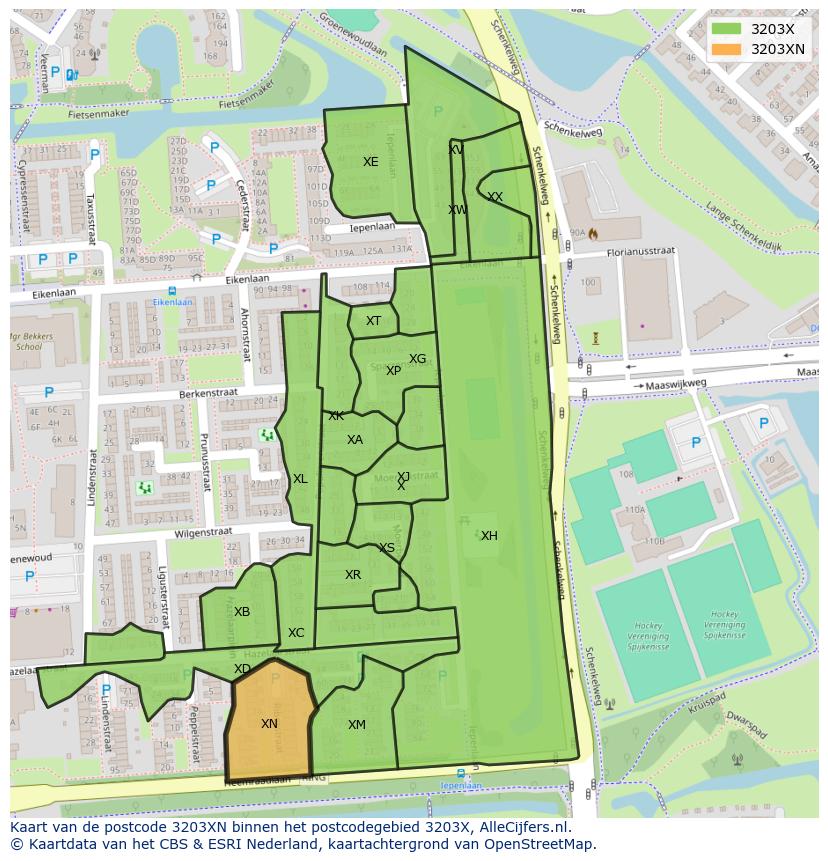 Afbeelding van het postcodegebied 3203 XN op de kaart.