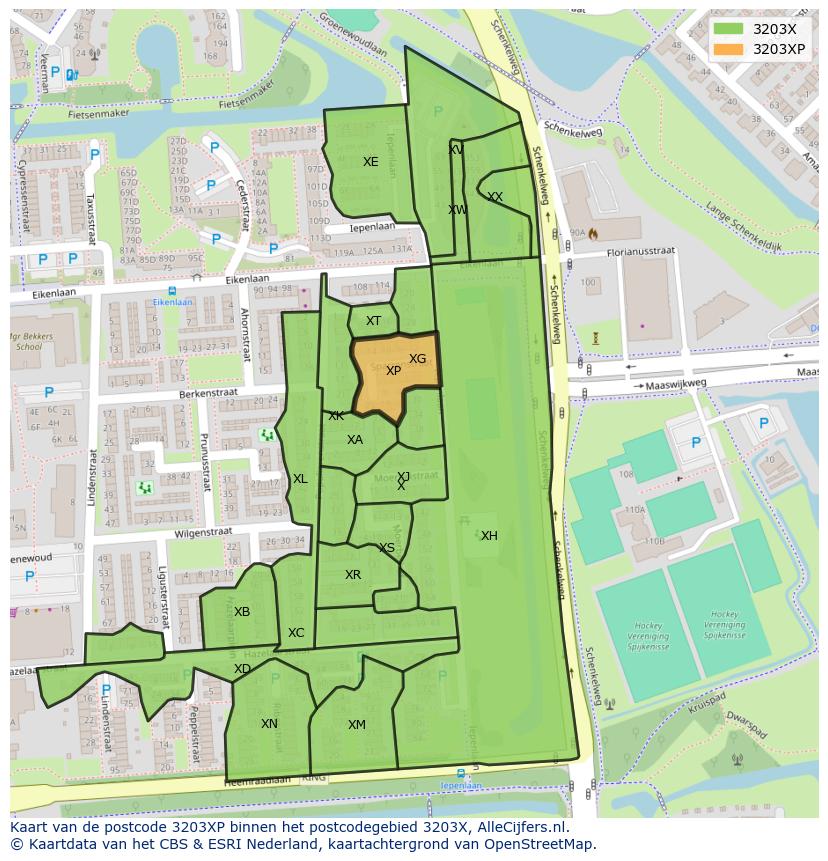 Afbeelding van het postcodegebied 3203 XP op de kaart.