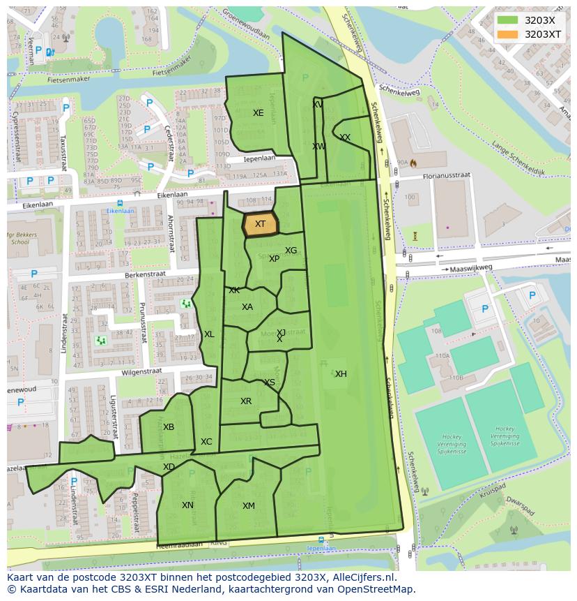 Afbeelding van het postcodegebied 3203 XT op de kaart.