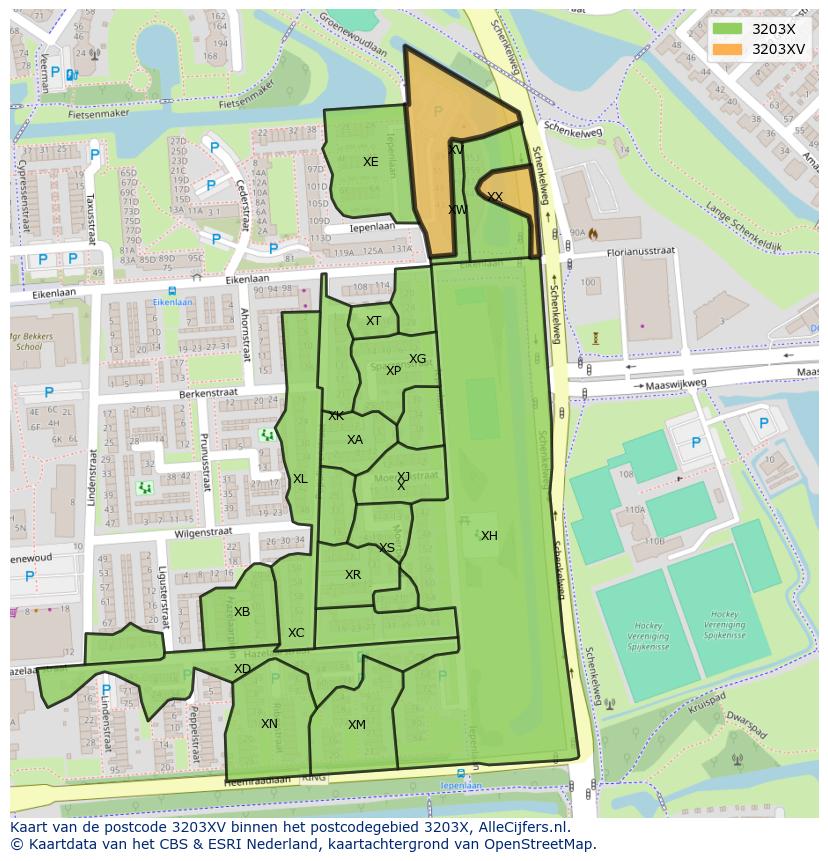 Afbeelding van het postcodegebied 3203 XV op de kaart.