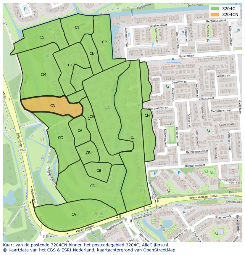 Afbeelding van het postcodegebied 3204 CN op de kaart.