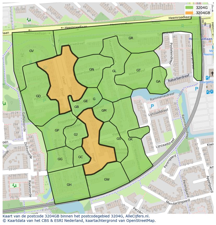 Afbeelding van het postcodegebied 3204 GB op de kaart.