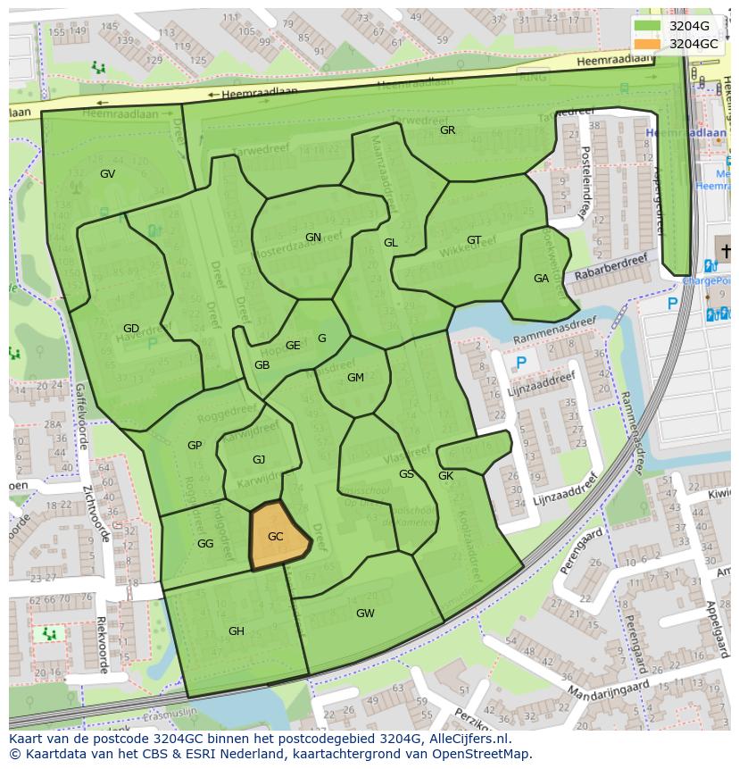 Afbeelding van het postcodegebied 3204 GC op de kaart.