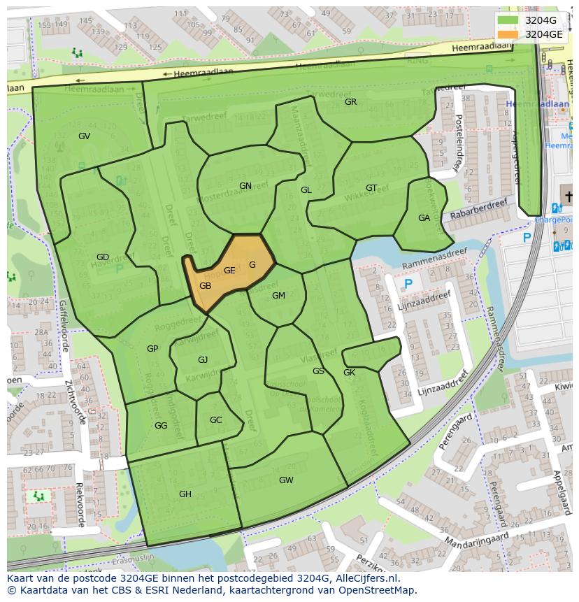 Afbeelding van het postcodegebied 3204 GE op de kaart.