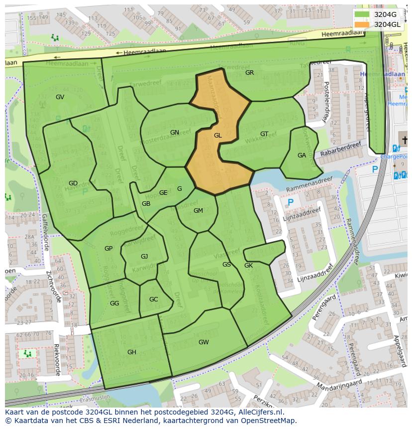 Afbeelding van het postcodegebied 3204 GL op de kaart.
