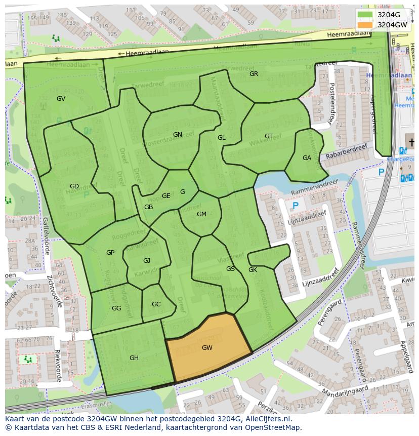 Afbeelding van het postcodegebied 3204 GW op de kaart.