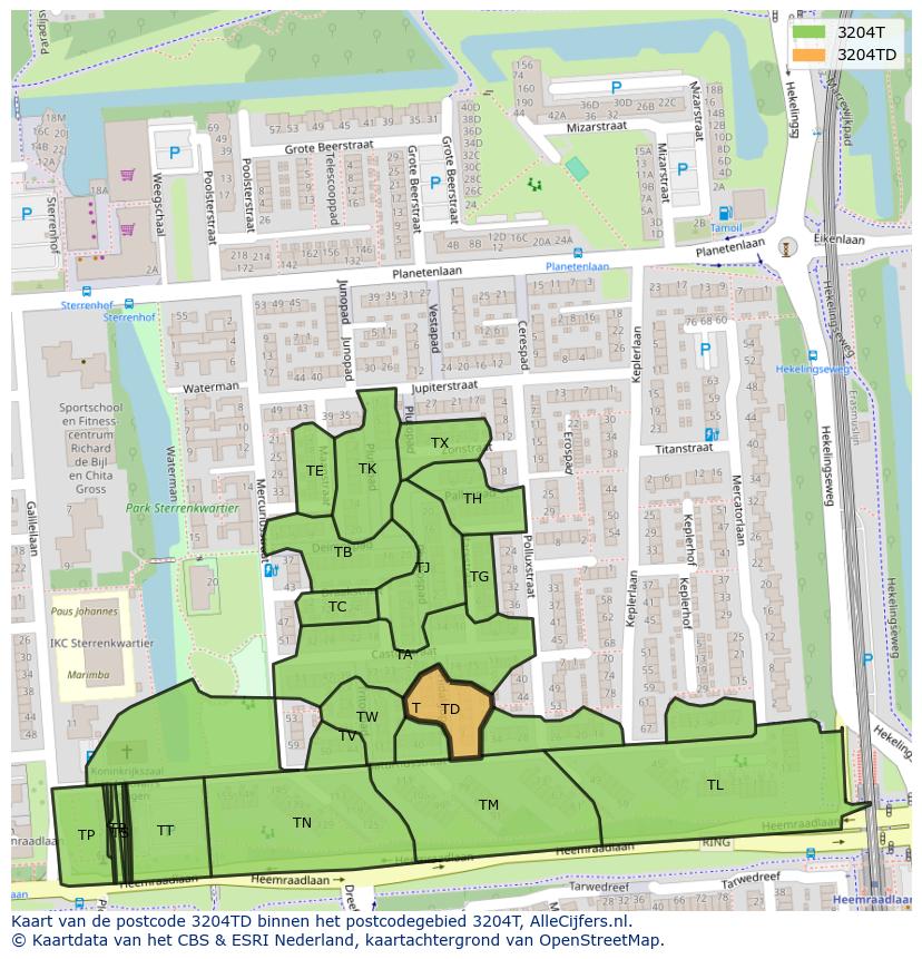 Afbeelding van het postcodegebied 3204 TD op de kaart.