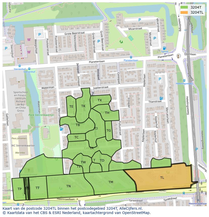 Afbeelding van het postcodegebied 3204 TL op de kaart.