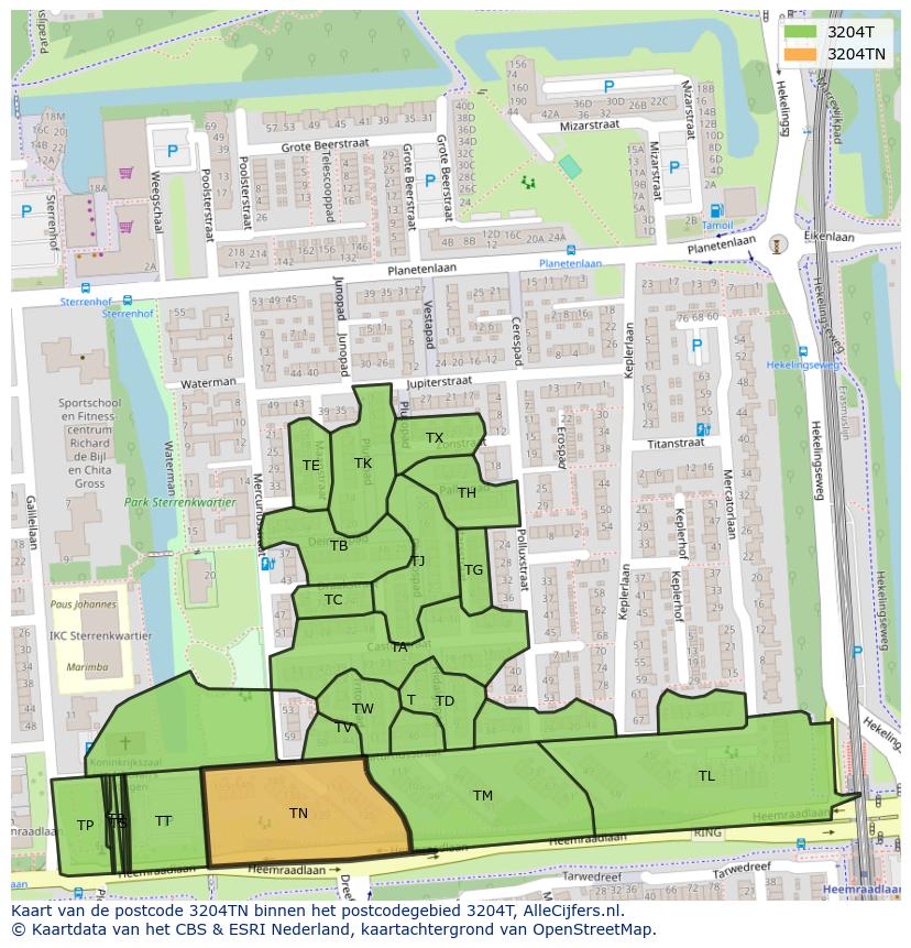 Afbeelding van het postcodegebied 3204 TN op de kaart.
