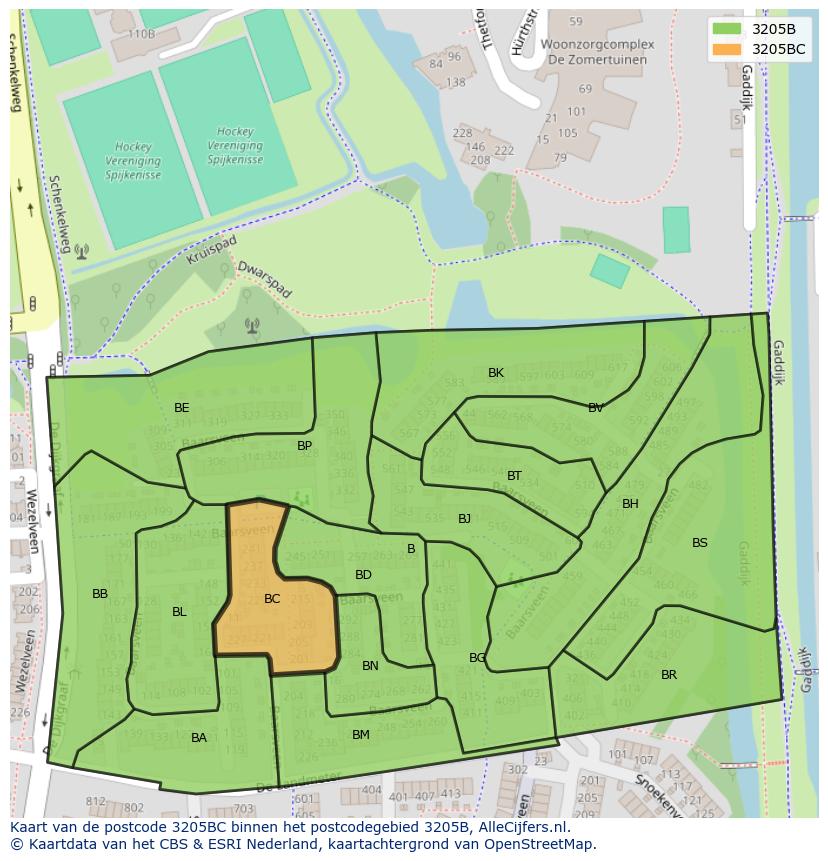 Afbeelding van het postcodegebied 3205 BC op de kaart.