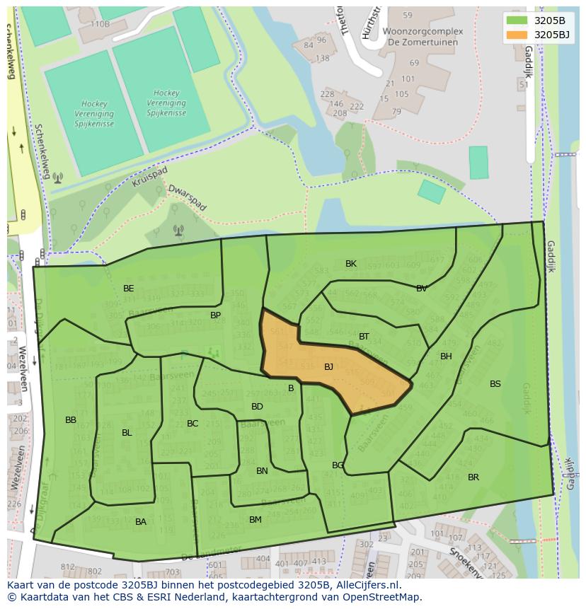Afbeelding van het postcodegebied 3205 BJ op de kaart.