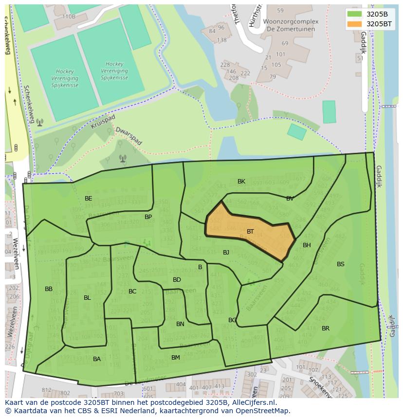 Afbeelding van het postcodegebied 3205 BT op de kaart.