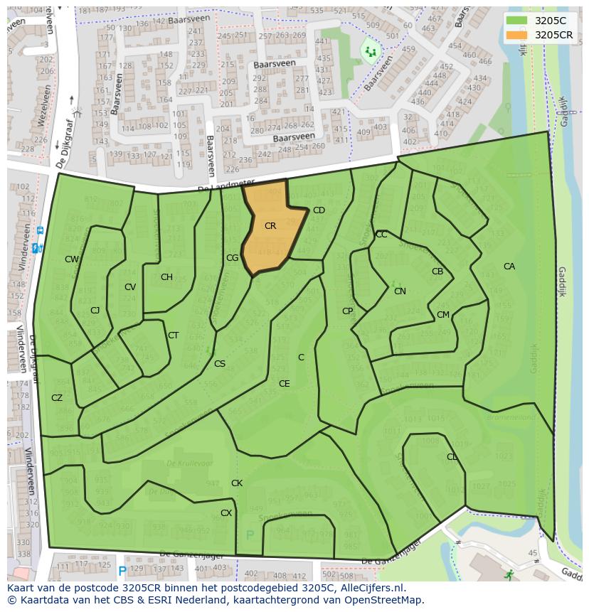Afbeelding van het postcodegebied 3205 CR op de kaart.