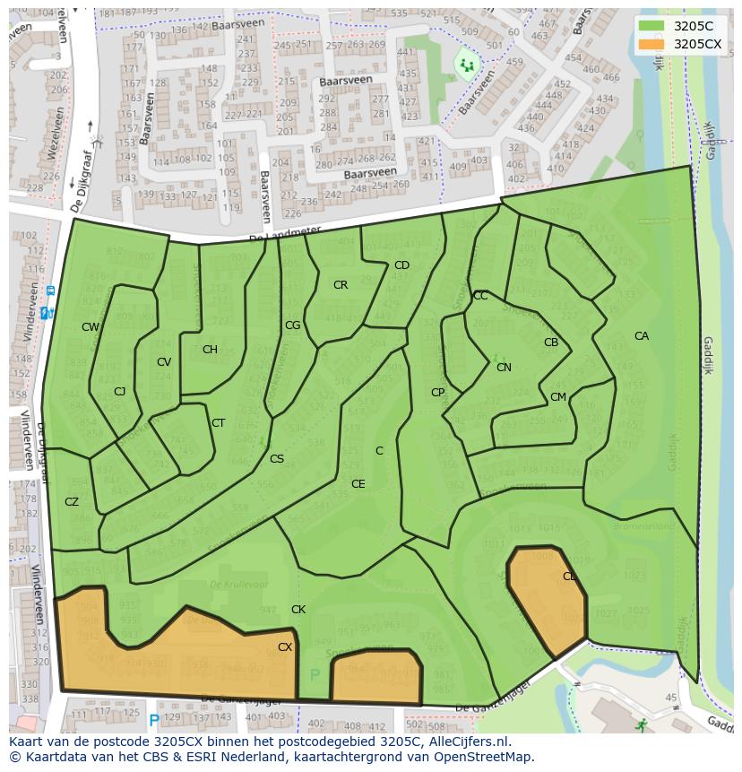 Afbeelding van het postcodegebied 3205 CX op de kaart.