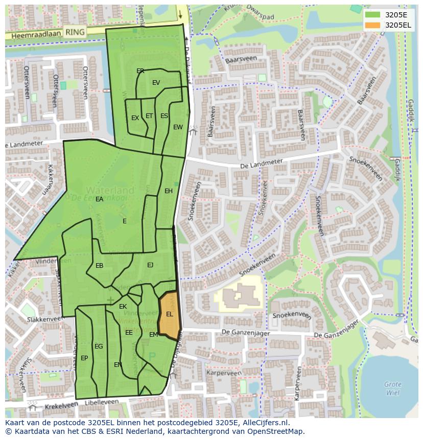 Afbeelding van het postcodegebied 3205 EL op de kaart.