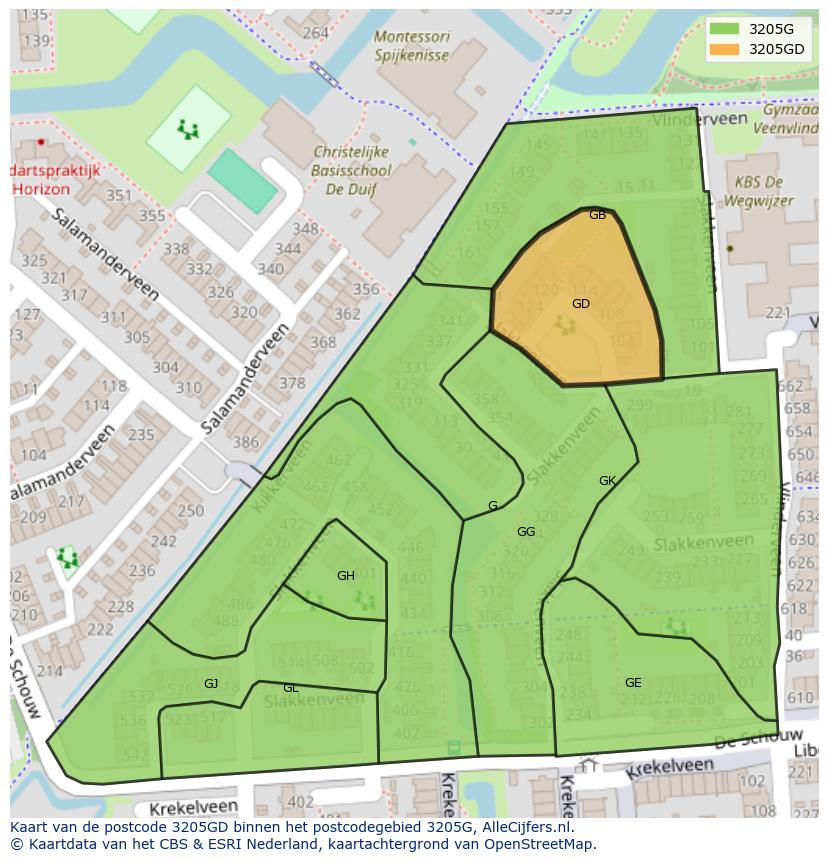 Afbeelding van het postcodegebied 3205 GD op de kaart.