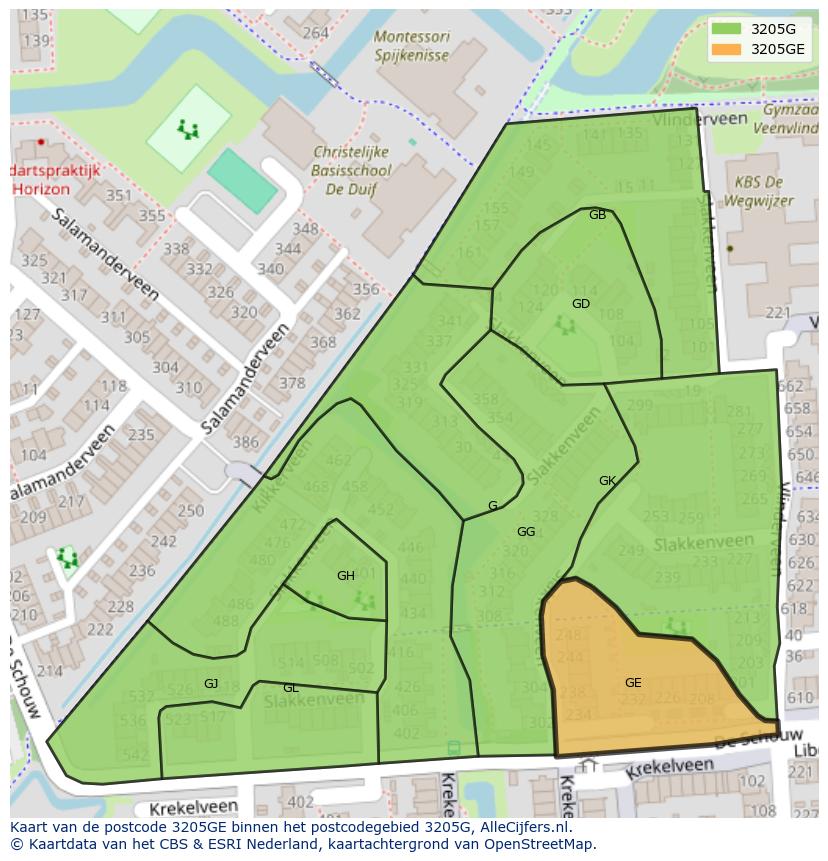 Afbeelding van het postcodegebied 3205 GE op de kaart.