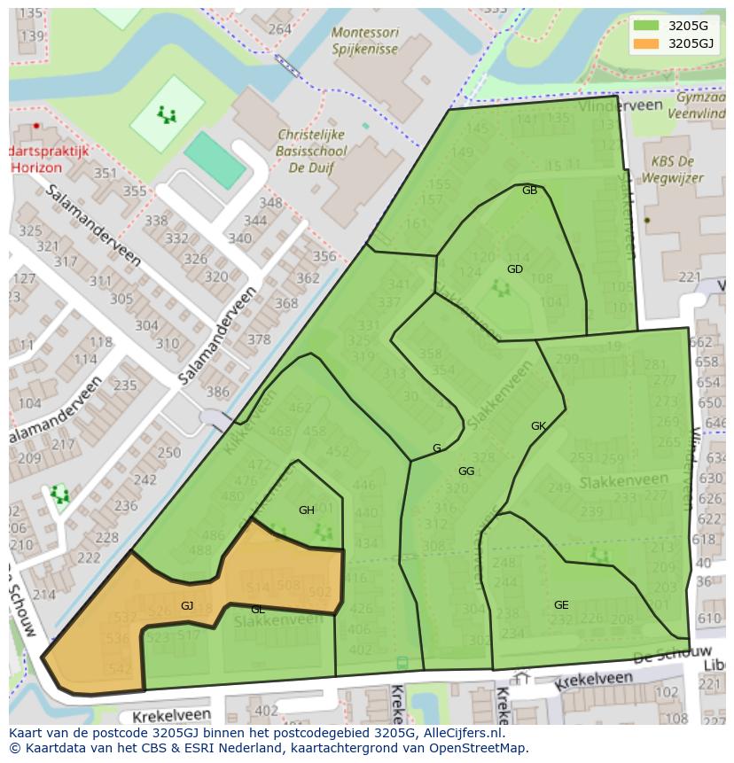 Afbeelding van het postcodegebied 3205 GJ op de kaart.