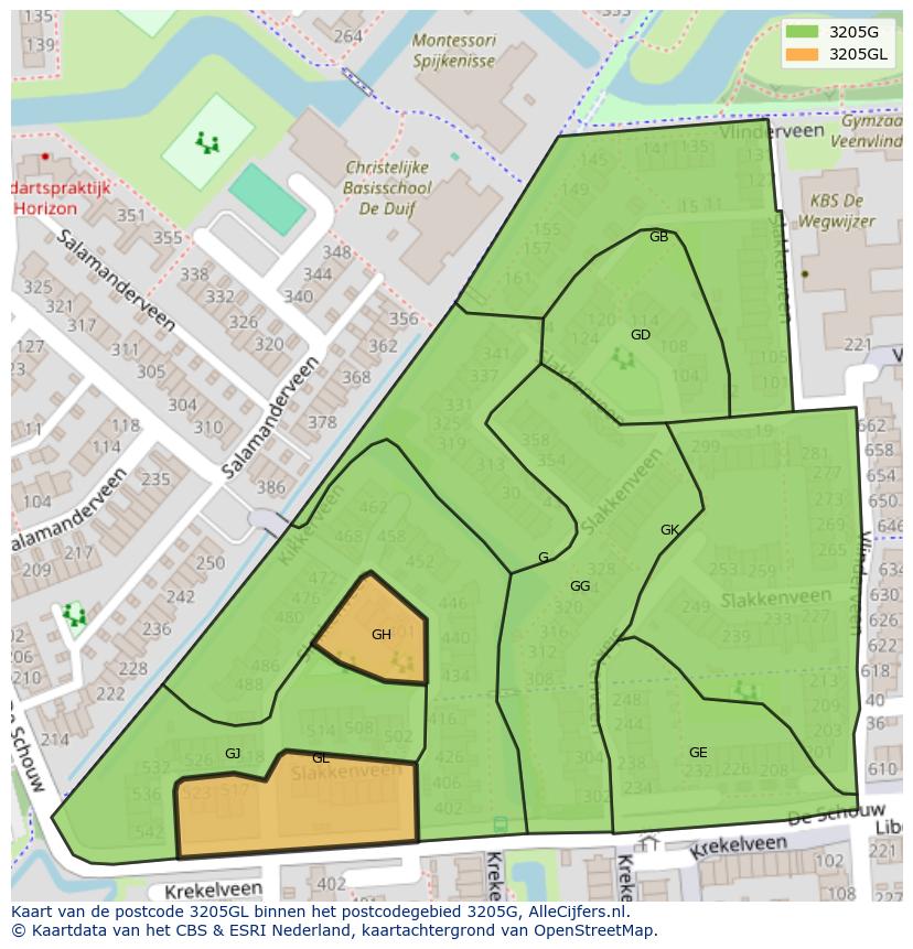 Afbeelding van het postcodegebied 3205 GL op de kaart.