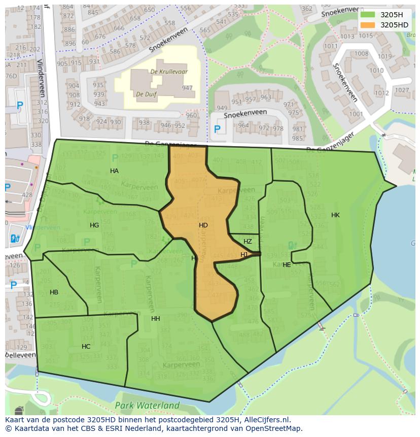 Afbeelding van het postcodegebied 3205 HD op de kaart.