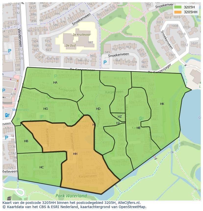 Afbeelding van het postcodegebied 3205 HH op de kaart.