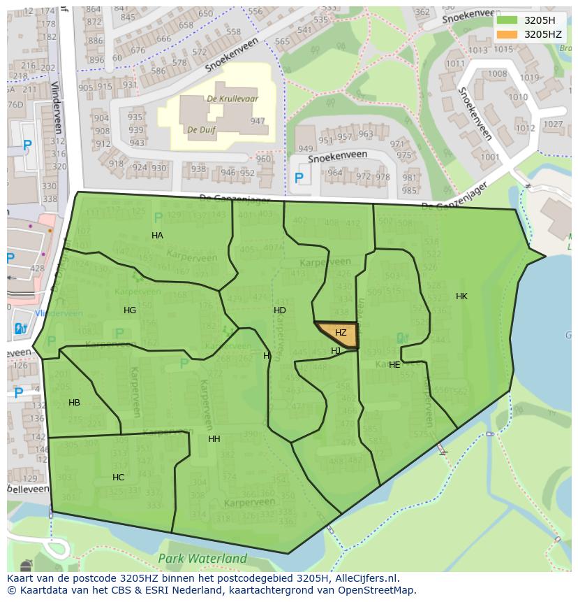 Afbeelding van het postcodegebied 3205 HZ op de kaart.