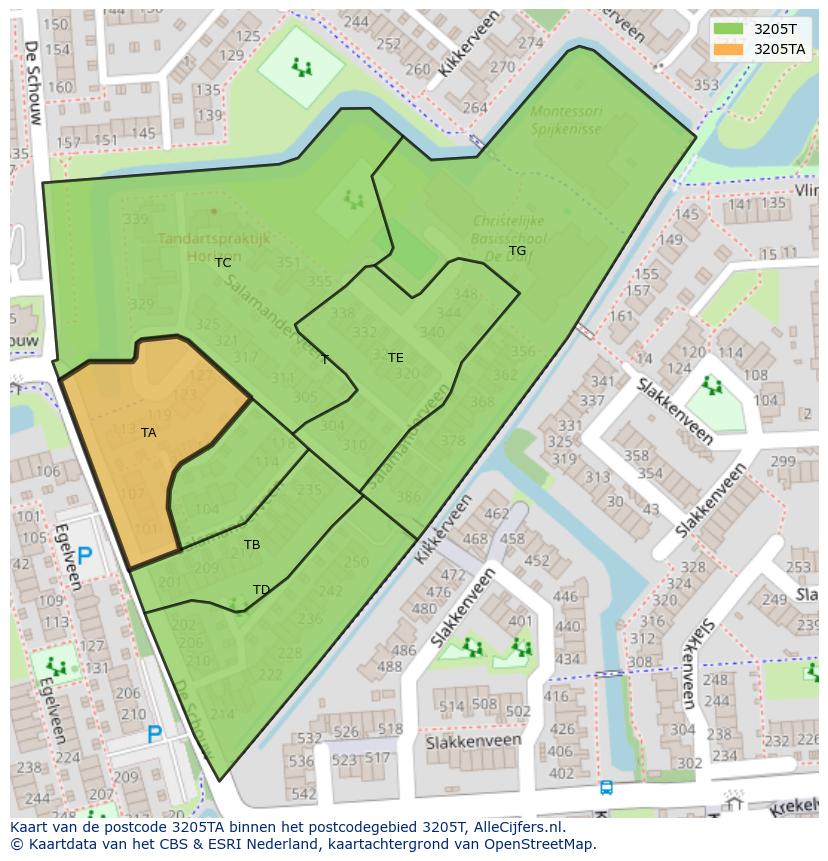 Afbeelding van het postcodegebied 3205 TA op de kaart.