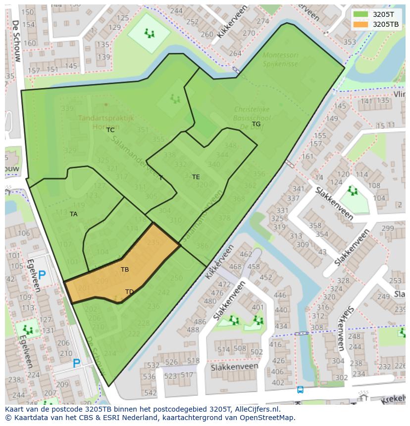 Afbeelding van het postcodegebied 3205 TB op de kaart.