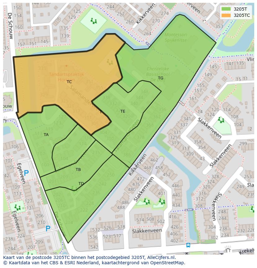 Afbeelding van het postcodegebied 3205 TC op de kaart.