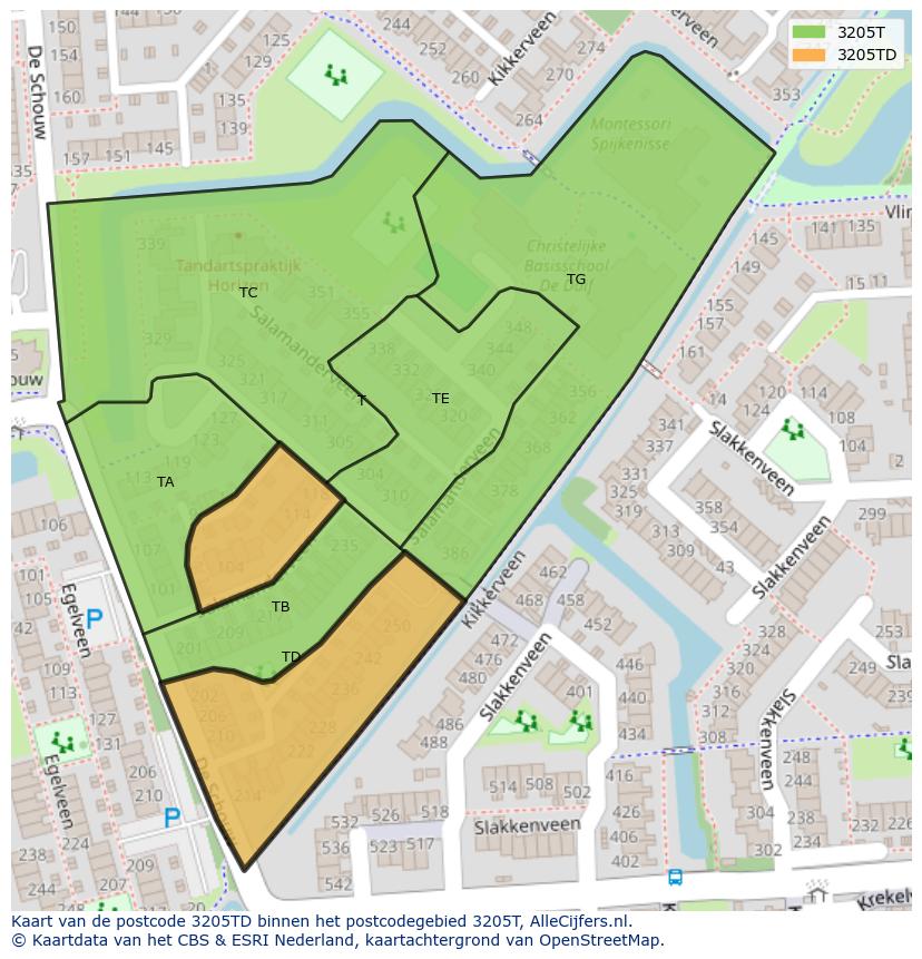 Afbeelding van het postcodegebied 3205 TD op de kaart.
