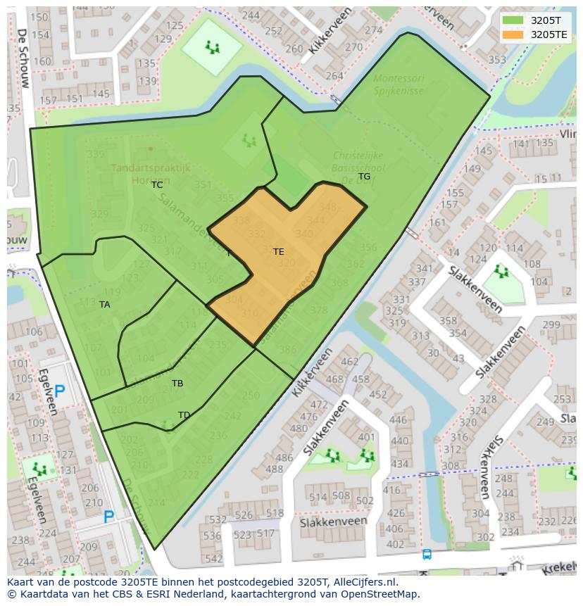 Afbeelding van het postcodegebied 3205 TE op de kaart.