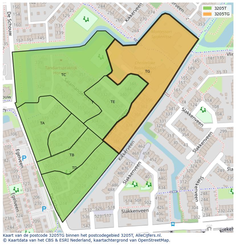 Afbeelding van het postcodegebied 3205 TG op de kaart.