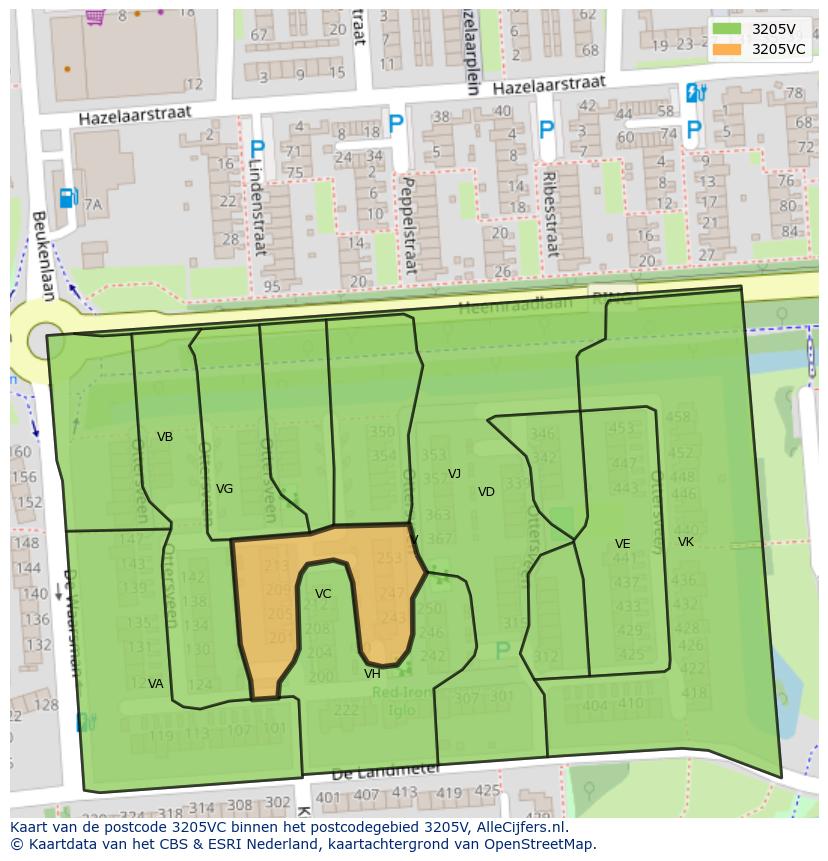 Afbeelding van het postcodegebied 3205 VC op de kaart.