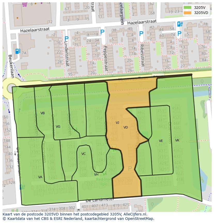 Afbeelding van het postcodegebied 3205 VD op de kaart.