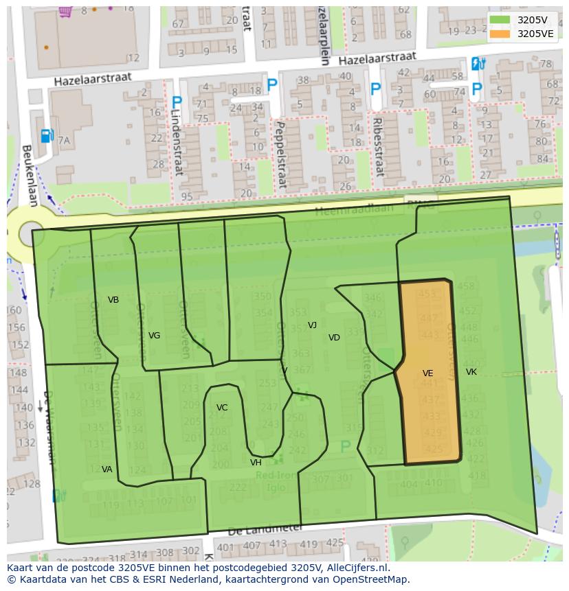 Afbeelding van het postcodegebied 3205 VE op de kaart.