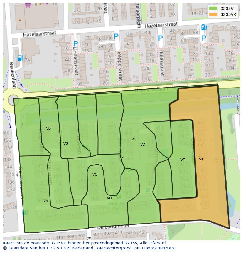 Afbeelding van het postcodegebied 3205 VK op de kaart.