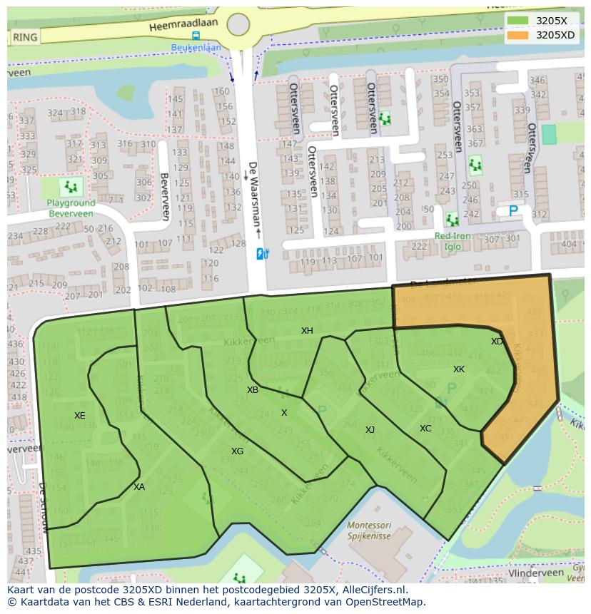 Afbeelding van het postcodegebied 3205 XD op de kaart.