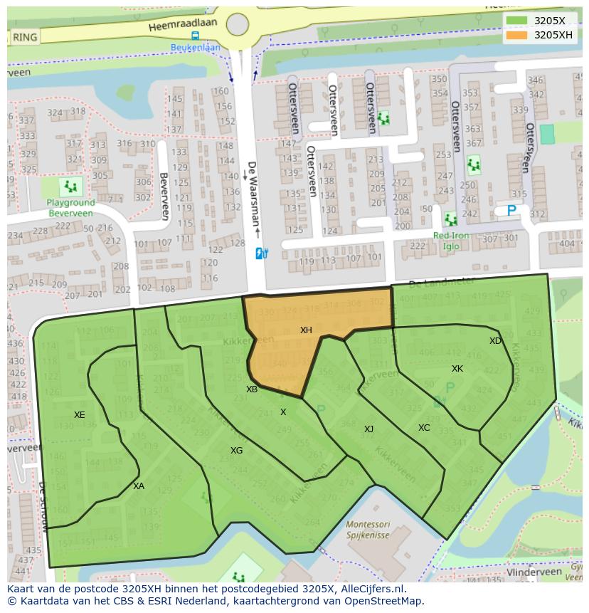 Afbeelding van het postcodegebied 3205 XH op de kaart.