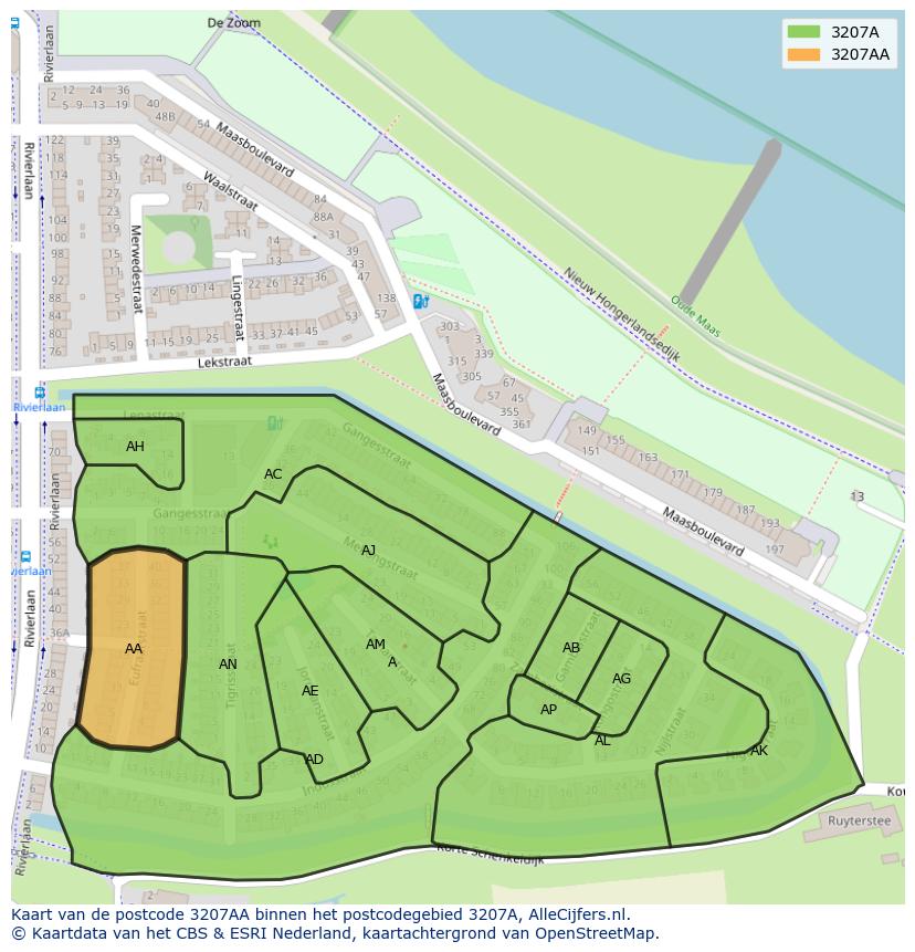 Afbeelding van het postcodegebied 3207 AA op de kaart.