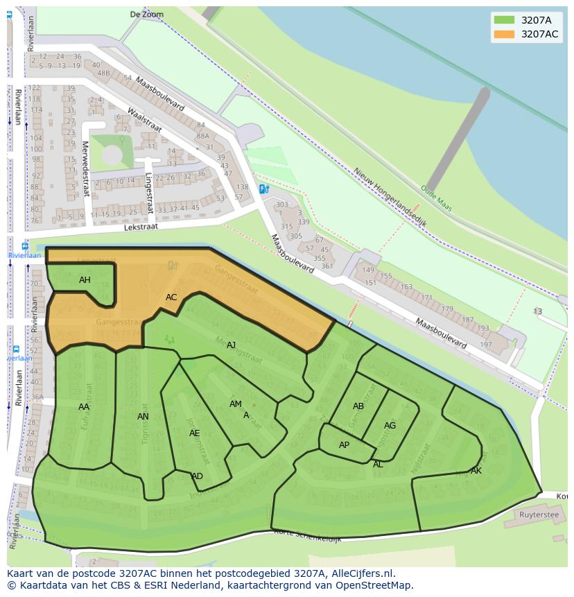 Afbeelding van het postcodegebied 3207 AC op de kaart.
