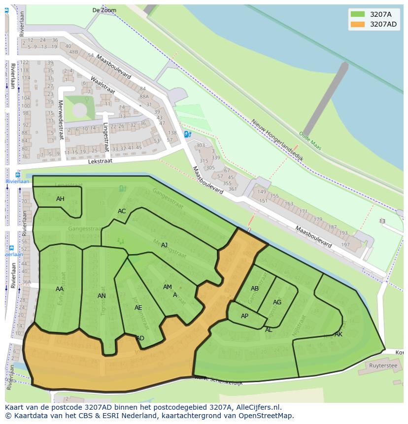 Afbeelding van het postcodegebied 3207 AD op de kaart.