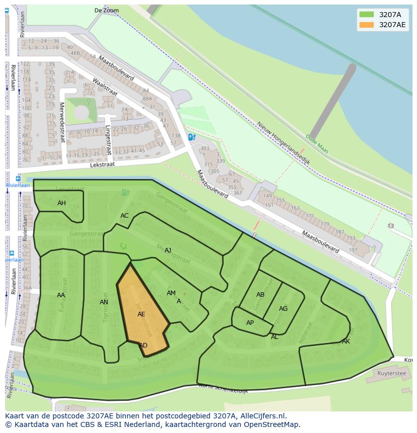 Afbeelding van het postcodegebied 3207 AE op de kaart.