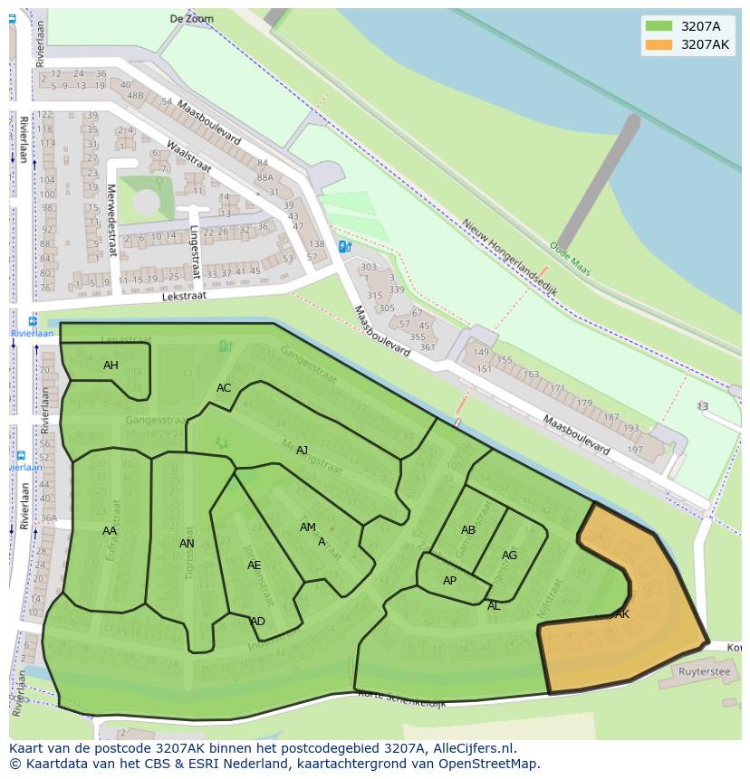 Afbeelding van het postcodegebied 3207 AK op de kaart.