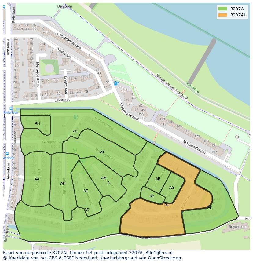 Afbeelding van het postcodegebied 3207 AL op de kaart.