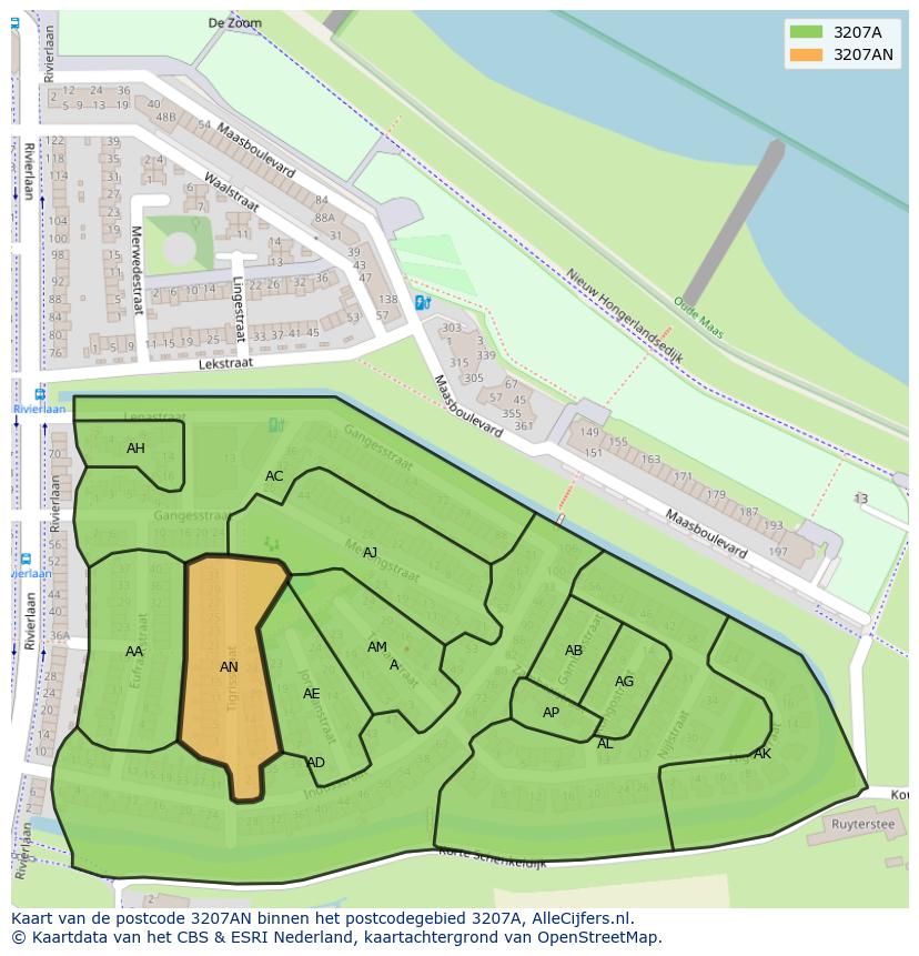Afbeelding van het postcodegebied 3207 AN op de kaart.