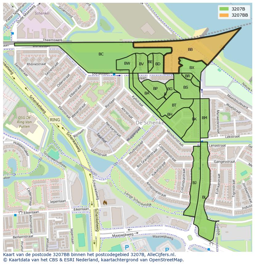 Afbeelding van het postcodegebied 3207 BB op de kaart.
