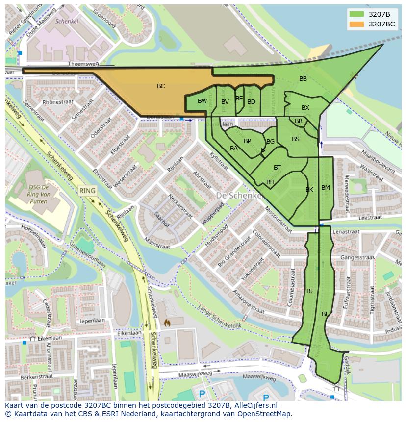Afbeelding van het postcodegebied 3207 BC op de kaart.