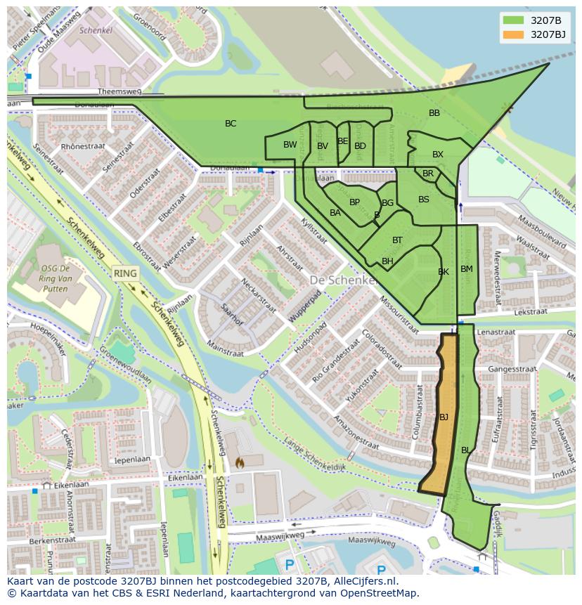 Afbeelding van het postcodegebied 3207 BJ op de kaart.