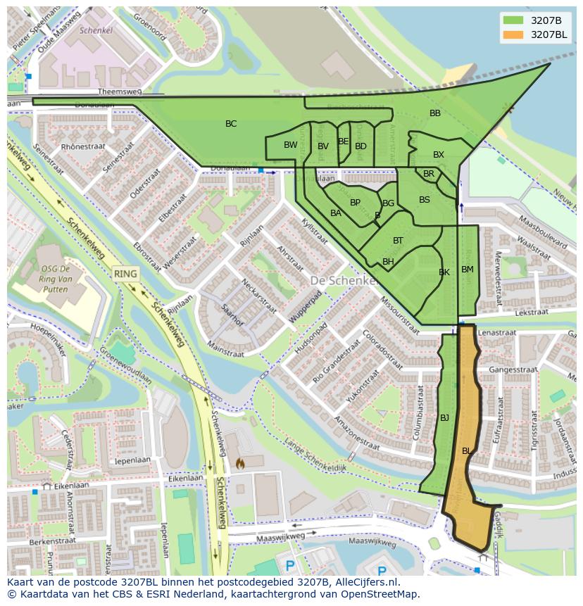 Afbeelding van het postcodegebied 3207 BL op de kaart.