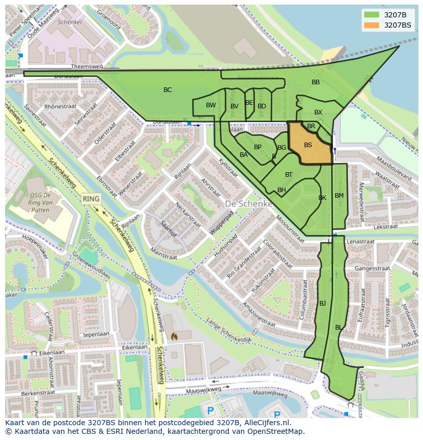 Afbeelding van het postcodegebied 3207 BS op de kaart.